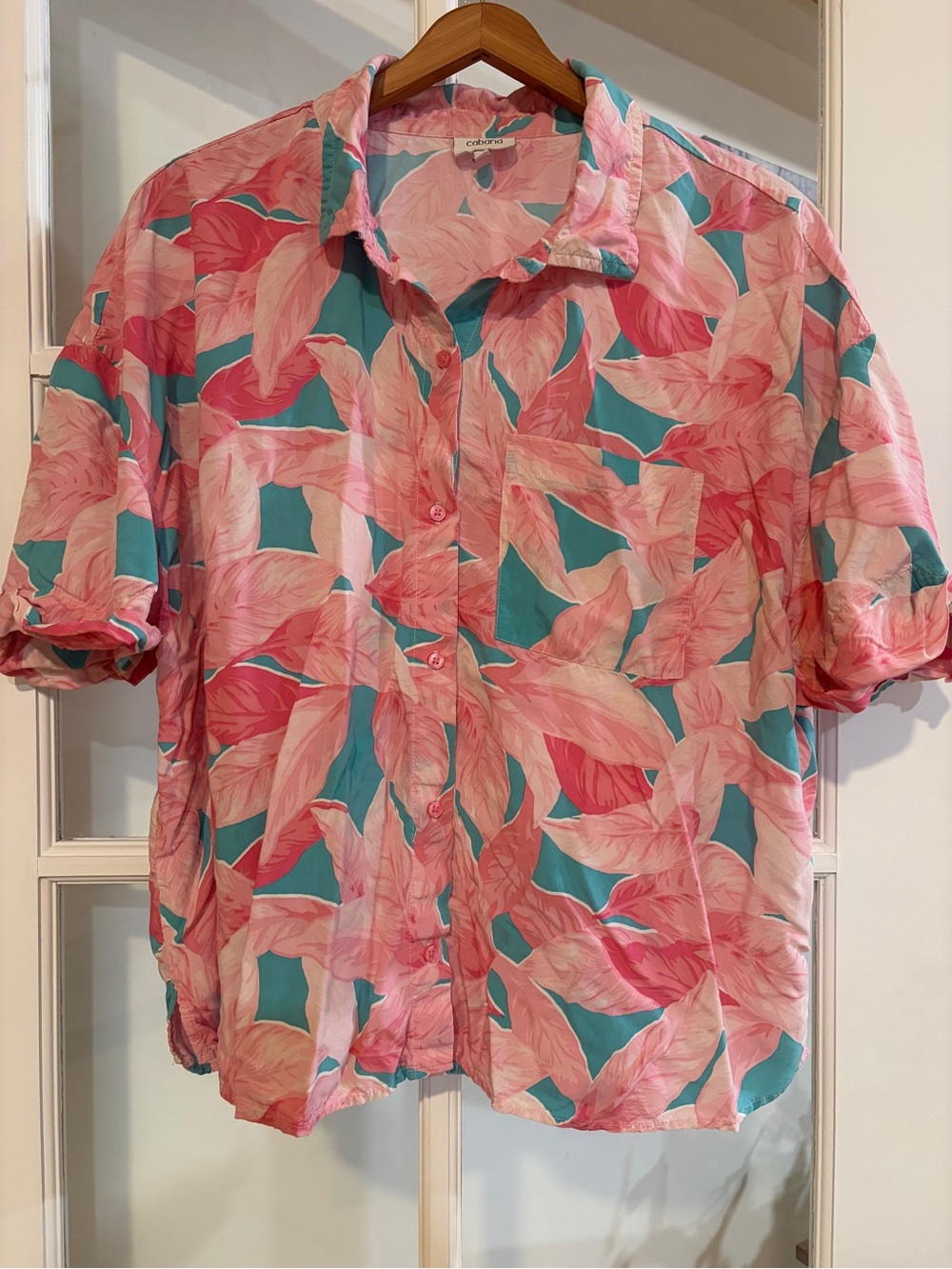 Cabana by Crown & Ivy Tropical Leaf Button Down Shirt Pink Turquoise Resort XL